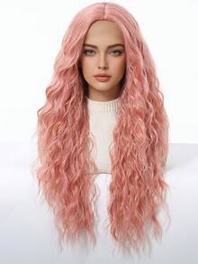 高品质 26 英寸八字形流苏粉色长卷发合成耐热纤维假发女士假发非常适合节日派对日常佩戴 - 粉色 - 查看 5