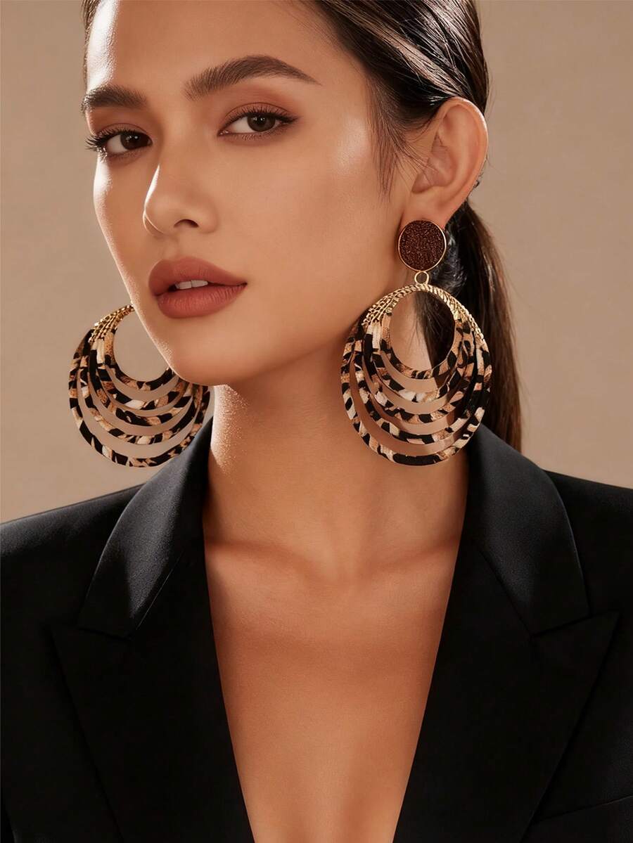 1 Cặp bông tai quấn thủ công họa tiết da báo cổ điển sang trọng và hình tròn hình học, phụ kiện dự tiệc hàng ngày dành cho nữ - Nhiều màu - Xem 1