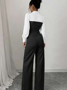 Women's Thin Striped Patchwork Elegant Casual 2-Piece Set, Long Sleeve Top And Pants, Suitable For Office And Home, Spring/Summer/Autumn