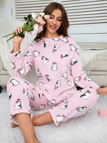 2pcs/Set Winter Pajama Set, Flannel Lined Fluffy Pajamas With Cute Penguin Pattern, Minimalist & Fashionable Sleepwear, 2 Pieces Set, Fall Clothes