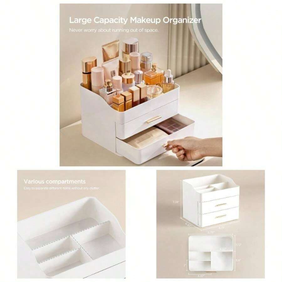 Makeup Organizer Vanity With 2 Drawers, Large Bathroom Countertop Cosmetics Organizer Skin Care Storage, Easy To Store Lipsticks, Nail Polishes, Perfumes, Eyeshadow Palettes, All White - 最初的 - 查看 1