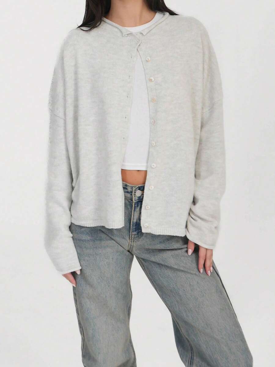 Women Y2k Crew Neck Cardigan Sweater Long Sleeve Button Down Solid Color Top Fall Casual Vintage Lightweight Knitwear - Màu Xám nhạt - Xem 1