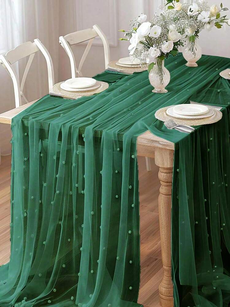 1件仿珍珠装饰薄纱面料，摄影背景，可用作桌旗、珍珠背景桌布、婚礼拱门装饰、婚宴、新娘送礼会、派对装饰，深绿色珍珠欧根纱桌布 - 深綠色 - 查看 1