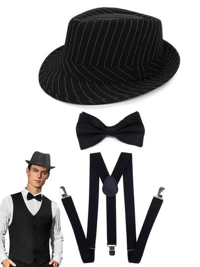D EXCEED 2/3件套 1920年代男士盖茨比风格可调节服装配饰套装，包括软呢帽、吊带和领结，适用于角色扮演派对、黑帮服装配饰、节日礼物、1920年代主题活动