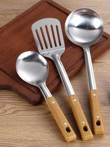 5pcs-Kitchen Utensils Set Professional Slotted Spoon, Soup Ladle, Turner, Spatula & Rice Scoop ETC. Suitable For Cast Iron Wok Cooking, Sauteing & Frying Vegetables And Meat,Christmas Festival Cooking Helpers - Màu gỗ - Xem 6