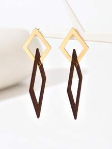 1 Cặp bông tai hình thoi và tròn vát kim loại thời trang mới, bông tai đeo hàng ngày đa năng, quà tặng cho phụ nữ - màu nâu - Xem 4