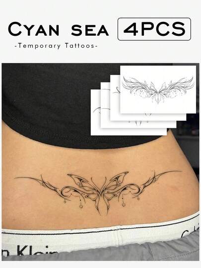 4片防水、防汗、不反光临时蝴蝶翅膀纹身贴纸，时尚美观，适合日常使用