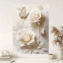 1 pieza Póster de arte de pared Moderno y elegante con rosa blanca y mariposa en lienzo 2D - Decoración floral moderna para sala de estar, dormitorio, oficina - Pintura abstracta de flores enmarcada con acentos en crema - Regalo perfecto para Halloween, Acción de Gracias, Navidad