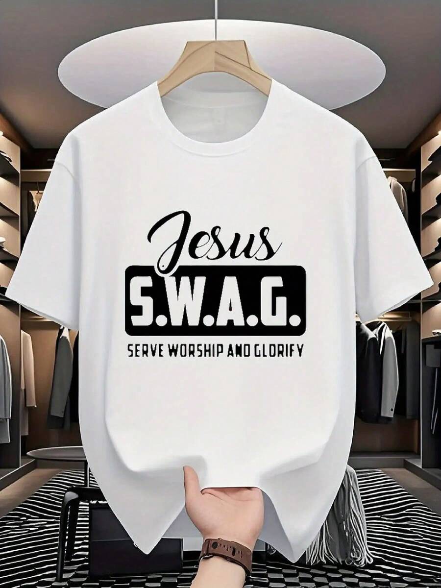 Jesús S.W.A.G.Camiseta] Jesús S.W.A.G.Camiseta de Servir, Adorar y Glorificar| Ropa Casual de Verano Suelta y Cómoda para Exteriores - Blanco - Ver 1