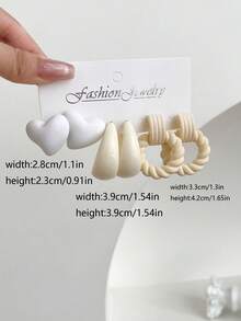 1 套（3 对）时尚休闲心形和粗针织风格耳钉和吊坠耳环 - 彩色 - 查看 29