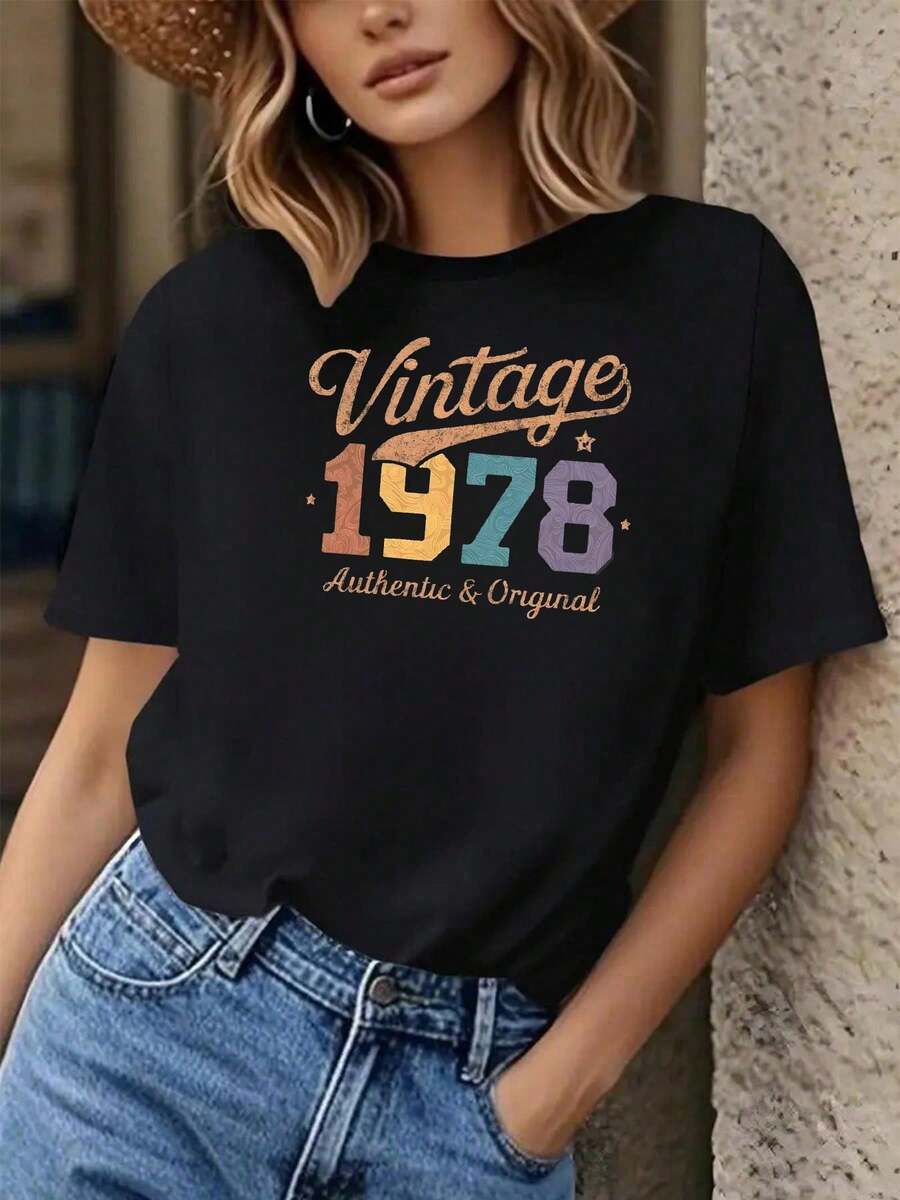 Camiseta para mujer % algodón con ilustración vintage de 1978 y ajuste cómodo. - Negro - Ver 1