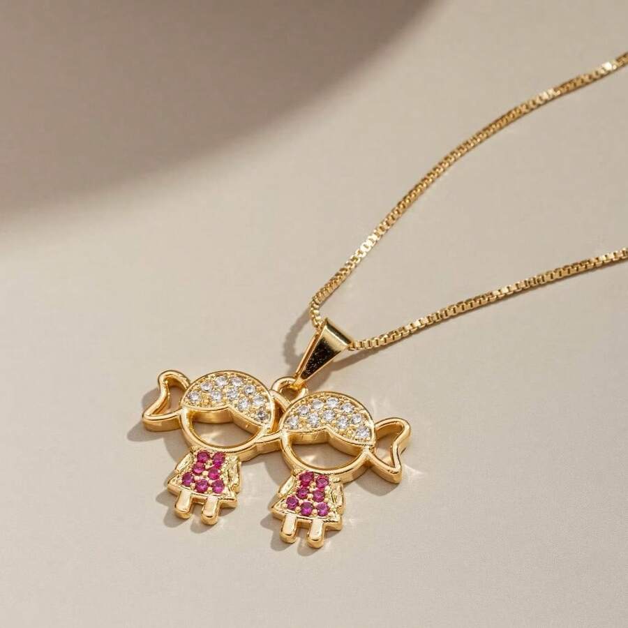 Delicate Women's Necklace With Children's, Boy's And Girl's Pendants, Plated In 18K Gold And 925 Silver With Zirconias - 2 menina(Ouro) - 查看 1