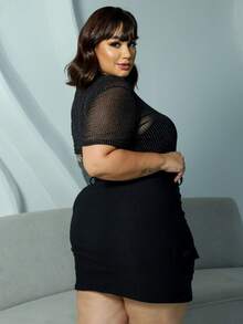 Plus Size Women's Clubwear Set Bodysuit Tulle Shine Transparency Short Sleeve Model Cargo Skirt Elastane Party Clubwear Look Plus Size 44 To 54 - 黑色 - 查看 6