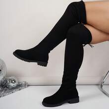 宽筒冬季新款女式过膝长靴，时尚宽松加大码黑色百搭靴子，适合宽脚、粗脚
