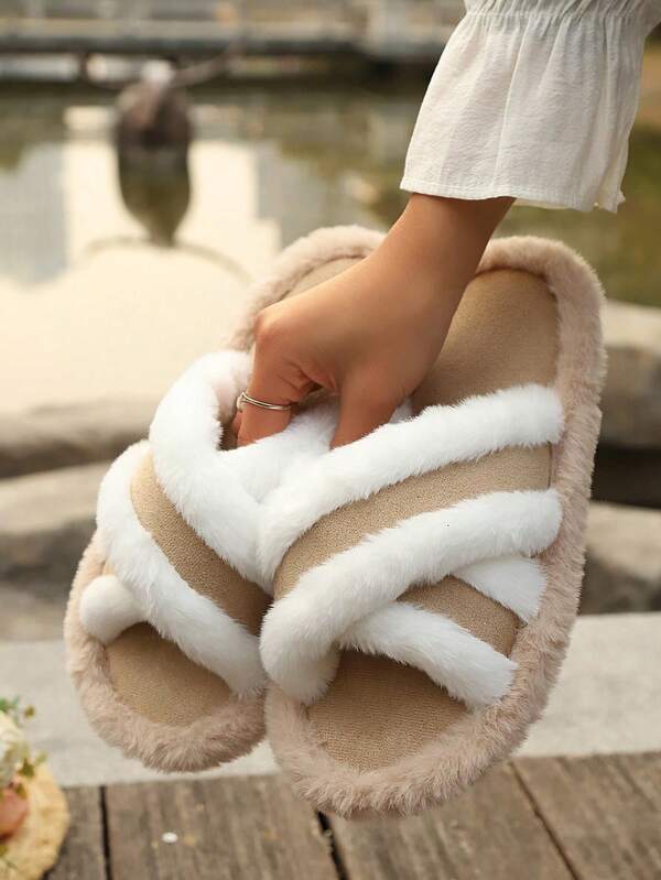 1 Pair Rhombus Pattern Cute Fabric Criss-Cross Women's House Slippers, Suitable For Home Wear All Seasons