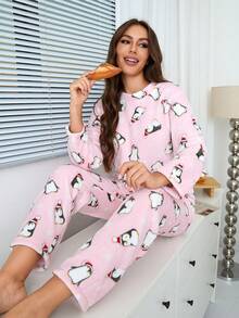 2pcs/Set Winter Pajama Set, Flannel Lined Fluffy Pajamas With Cute Penguin Pattern, Minimalist & Fashionable Sleepwear, 2 Pieces Set, Fall Clothes