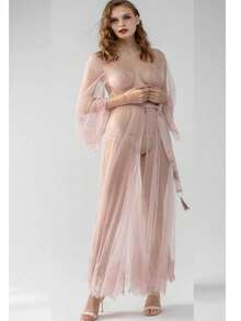 UPVV Lingerie For Women See Through Long Lace Kimono Robe Mesh Chemise With Sleeves Swimsuit Cover Up  Plain    Sheer    Sexy    Swimsuit Fabric    Long Sleeve    Long    Sheer Women's Robe - 藕粉色 - 查看 5