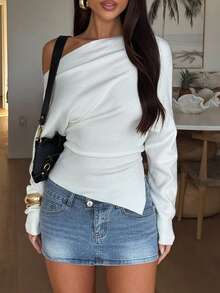 Elegant Fashion Casual Asymmetric Shoulder Knit Sweater, Slim Fit Asymmetrical Hem Pullover For Daily Commute