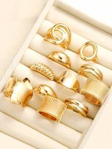 14 件 CCB 材质夸张性感奢华女士鸡尾酒戒指套装，时尚珠宝，适合日常、派对、婚礼佩戴，可作为送给女友、朋友的礼物 - 金色2 - 查看 6