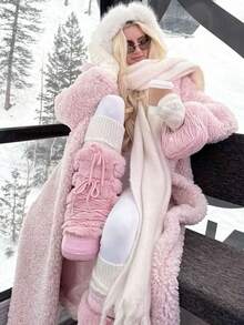 Faux Fur Snow Boots For Women Fuzzy Fluffy Furry Lace Up Mid Calf Boots Winter Warm Fur Boots For Christmas - Pink - View 2