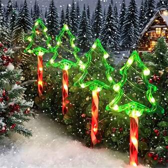 1 Set Of 4pcs Christmas Tree Lights - Outdoor Garden & Lawn Decorative Lights, Battery-Powered (No Plug) For Holiday, New Year, And Winter Celebrations, Christmas Decorations Outdoor Lights, Festive Lighting