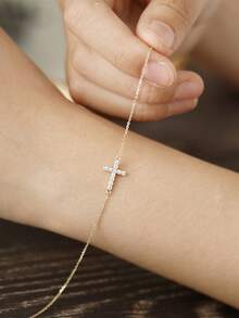 1pc Women's S925 Sterling Silver Classic Rhinestone Cross Bracelet, Fashionable Luxury Minimalist Delicate Layered Bracelet, Suitable For Daily Wear