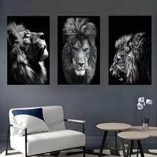3 Stücke Löwen Leinwandgemälde - Lebendige Wandkunst Poster für Wohnzimmer und Schlafzimmer Dekoration - Hochwertige Leinwanddrucke für Heimdekoration mit optionalem Rahmen - Schwarz und Weiss - Übersicht 3