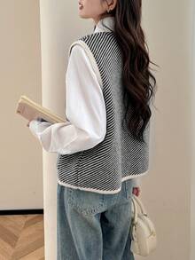 Alicedudu 女士秋冬优雅人字纹设计圆领开衫背心 - 黑色 - 查看 5
