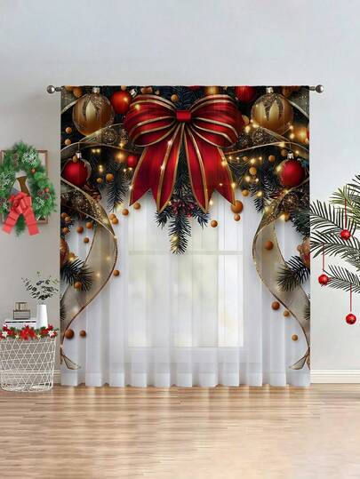 1 Pieza de Cortina Transparente con Estampado de Copos de Nieve y Agujas de Pino Navideñas, Cortina Navideña con Bolsillo para Barra para Dormitorio, Oficina, Cocina, Sala de Estar, Decoración del Hogar