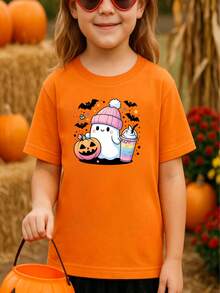 Camiseta de niño casual con estampado gráfico de fantasma FANSTASMA FASHION, adecuada para disfraz de Halloween, Halloween Horror Nights, para fiestas de Halloween - Naranja - Ver 2
