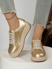 Women's Solid Color Fashion Shoes, Lace-Up Low-Top Thick-Soled Wedge Shoes, Round Toe Versatile Flats - Gold - View 4