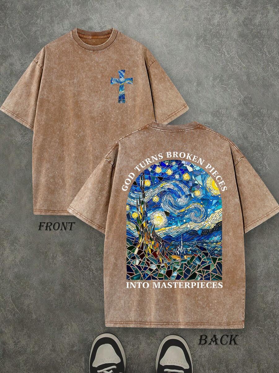Retro Washed T-Shirt Double Sided Printed (230 Pure Cotton T-Shirt) 'GOD TURNS BROKEN PIECES'  Letter Print, Christian Gift, Men's T-Shirt, Men's Casual, Comfortable, Fashionable T-Shirt, Street Style Cotton - 咖啡棕 - 查看 1
