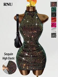 RNU 彩色亮片露背弹力性感紧身连衣裙，适合约会、嘉年华、派对、夜店、街头、情人节、新年、生日，春夏秋冬皆宜。 - 彩色 - 查看 1