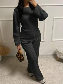 两件套女士黑色圆领长袖上衣搭配收腰中长运动裤，优雅女士休闲套装 - 黑色 - 查看 5