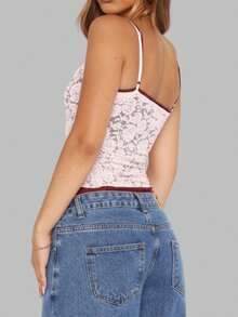 Women Y2k Lace Floral Camisole Patchwork Spaghetti Strap Crop Tank Tops Sleeveless Backless Tank Tops Open Back Going Out Tops Slim Fitted Shirt Basic Tees Club Streetwear Aesthetic Clothes - Hồng - Xem 3