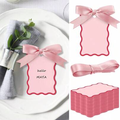 6/24/48pcs Scallop Shape Name Place Cards With Ribbons, DIY Wedding Table Number Cards, Wedding Party Decorations (Pink)