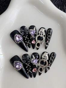 10-Piece Pressing Almond Long Nails, Fake Nails, Dark Punk Black Background Nail Art DIY Pattern Design Three-Dimensional Purple Love Diamond, Three-Dimensional Bow Ornament Silver Chain Black Nails Removable And Reusable Nail Supplies, Nail Powder, Nail Glitter Is Suitable For Girls And Ladies In Weddings, Stages, Dances, And Party Scenes,Gift Nail Tools