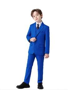 Tween Boy Suits 5-Pieces Suit Set Tuxedos Dresswear Ring Bearer Outfit Wedding Blazer Vest Pants Shirts Tie Formal Suits, Royal Blue Size 6-16Y - 寶藍色 - 查看 4
