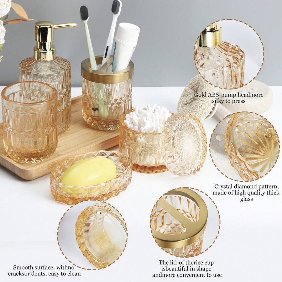 Gold Bathroom Accessories Set, 5 Pcs Glass Bathroom Accessories With Lotion Soap Dispenser, Soap Dish, Toothbrush Holder, Tumbler, Cotton Swab Jars, Perfect For Bathroom Theme Gift Bathroom Organizer Storage Back To School - 金色 - 查看 1