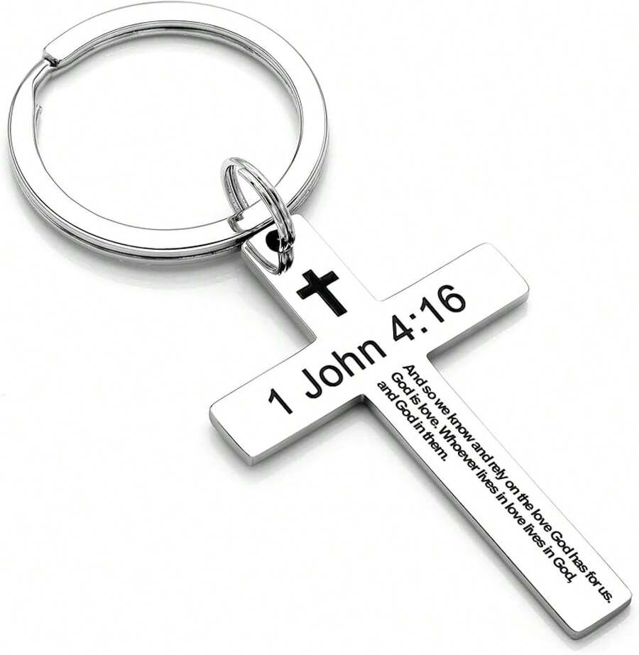 Llavero con versículo bíblico y cruz cristiana, llavero de cruz para hombres y mujeres con escritura religiosa, regalo de Navidad - 1 Juan 4:16 - Ver 1
