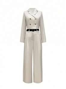 2pcs Women's Autumn Collared Long Sleeve Blazer Jacket And Wide Leg Pants Set - Apricot - View 2