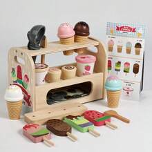 Kids Wooden Pretend Play Mini Ice Cream Maker & Stall, Role Play Kitchen Toys For Boys And Girls