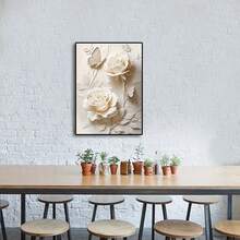 1 pieza Póster de arte de pared Moderno y elegante con rosa blanca y mariposa en lienzo 2D - Decoración floral moderna para sala de estar, dormitorio, oficina - Pintura abstracta de flores enmarcada con acentos en crema - Regalo perfecto para Halloween, Acción de Gracias, Navidad