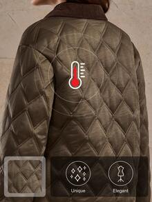 Aliao 优雅菱形图案绗缝外套，带口袋，适合冬季、秋季穿着，新年适用，商务休闲风格 - 棕色 - 查看 2