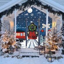 4 piezas Decoración de tren de Nochebuena para el porche, tren de noche nevada en vía férrea, cubierta para pasillo, puerta de la casa, bandera colgante y letrero de porche para decoración de fiesta de Navidad, regalo de Navidad