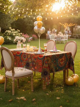 1pc Vibrant Polka Dot Bohemian Style Tablecloth, Durable Polyester Fabric, Machine Washable, Suitable For Round Or Rectangular Tables, Perfect For Indoor Home Decor, Outdoor Garden Parties, Weddings, Picnics, Easy To Clean