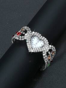 1 pieza Reloj de mujer con esfera de cristal con forma de corazón y estrellas, creativo y versátil para uso diario, fotografía, fiesta, regalo de cumpleaños, banquete, decoración festiva (color del cristal aleatorio)