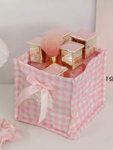 1 Cute Pink And Blue Three-Dimensional Bow Lace Storage Basket, Desktop Sundries Storage Basket, Lipstick Makeup Brush Skin Care Storage Basket, Desktop Decoration - 彩色 - 查看 8