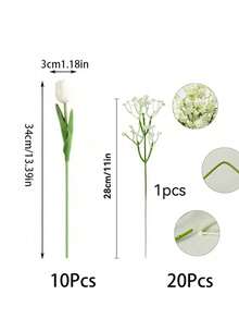 3/30支装仿真满天星和白色郁金香花束套装。适用于婚礼装饰、家居装饰、办公室装饰、房间装饰、DIY插花、户外布置、客厅装饰、婚礼中心摆件和情人节。适合春季和情人节。也可用作复活节礼物、仿真花束、订婚派对、春夏装饰、闺蜜礼物、生日礼物和新娘捧花。