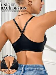 1 pieza Sujetador diario con cierre delantero de encaje, sujetador con aros ajustable para mujeres